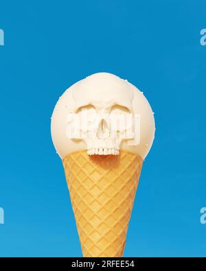 Ice-cream cone vanilla white chocolate skull sphere scoop blue summer sky background 3d illustration render digital rendering Stock Photo