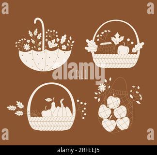Fall composition set with flowers, fruits, baskets, pumpkin for harvest festival, invitation, banner, autumn events. Simple line vector illustrations. Stock Vector