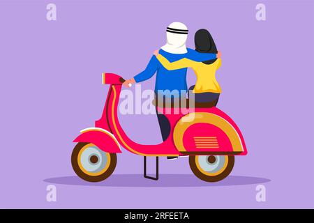 Character flat drawing back view of riders couple trip travel relax. Romantic Arab couple honeymoon moments with hugging. Man with woman riding scoote Stock Photo