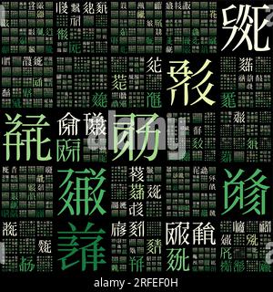 Digital cover. Design using random characters of old Tangut alphabet. Gradiented matrix pattern. Yellow green color theme backgrounds. Stock Vector