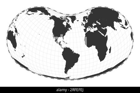 Vector world map. Hill eucyclic projection. Plain world geographical map with latitude and longitude lines. Centered to 60deg E longitude. Vector illu Stock Vector