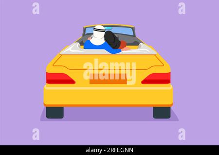Character flat drawing back view loving Arab couple sitting and hugging in convertible car. Happy man woman getting ready for wedding. Engagement and Stock Photo