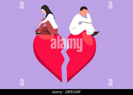 Graphic flat design drawing relationship break up, broken heart, couple facing opposite direction. Arabian man and beautiful woman sitting on big brok Stock Photo
