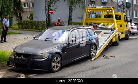 Recovery tow truck takes away car wreck in Havirov, Czech Republic, August 2, 2023. (CTK Photo/Petr Sznapka) Stock Photo