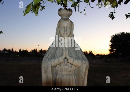 'A captivating marble statue of a woman in prayer, bathed in the golden hues of a setting sun, evoking a profound sense of peace' Stock Photo