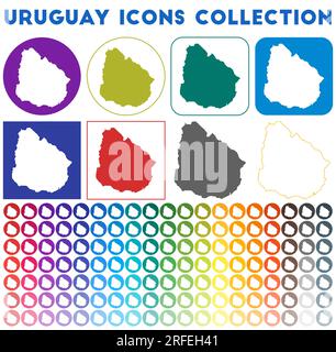 Uruguay icons collection. Bright colourful trendy map icons. Modern Uruguay badge with country map. Vector illustration. Stock Vector