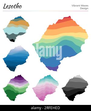 Set of vector maps of Lesotho. Vibrant waves design. Bright map of country in geometric smooth curves style. Multicolored Lesotho map for your design. Stock Vector