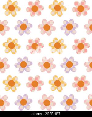 Vector seamless pattern of different color chessboard checkered texture groovy flower isolated on white background Stock Vector