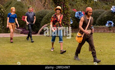 IÑAKI GODOY, MACKENYU, EMILY RUDD and JACOB ROMERO in ONE PIECE (2023), directed by MARC JOBST. Credit: Tomorrow Studios / Netflix / Album Stock Photo