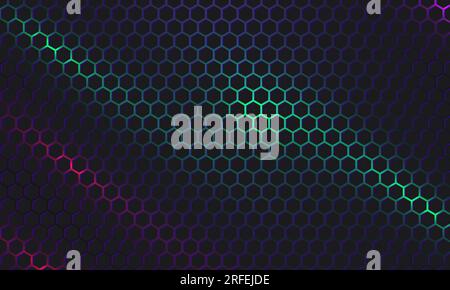 Dark hexagon gaming abstract vector background with green and red colored bright flashes. Vector illustration Stock Vector