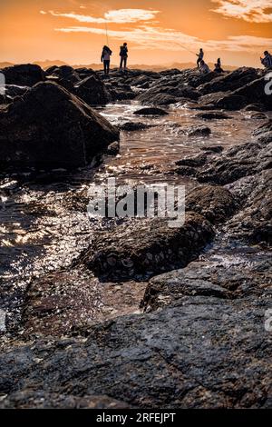 Detailed view of dark coastal rocks and rugged stone textures at the seaside, showcasing natural geological formations and erosion patterns. Stock Photo
