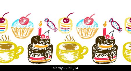 Festive seamless border. Cakes, pastries. Drawings with wax crayons. Vector design for decor Stock Vector