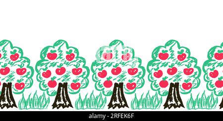 Cute seamless border. Apple trees. Drawings with wax crayons. Vector design for paper, fabric, interior decor and other use Stock Vector