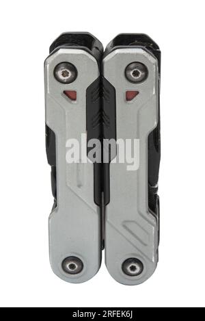 Folded multitool isolated on white background in top view. Daily practice tool. All-in-one. Improved construction tools. Construction and Repair. Comp Stock Photo