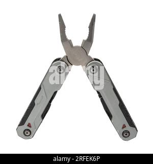 Folded multitool isolated on white background in top view. Daily practice tool. All-in-one. Improved construction tools. Construction and Repair. Comp Stock Photo