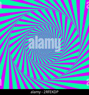 Radial optical illusion background. Acid green and purple abstract lines surface in circles. Poster, banner, template design. Spinning spiral or vortex illusion wallpaper. Vector opt art illustration  Stock Vector