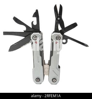 Multitool multi function tool hovers on white background isolation Stock Photo