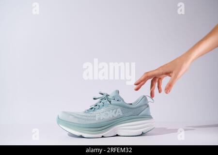 Strasbourg, France - August 2023 : Blue Hoka running shoes shoe box on  white background. Cushioned sneakers new technolgy for sport Stock Photo -  Alamy