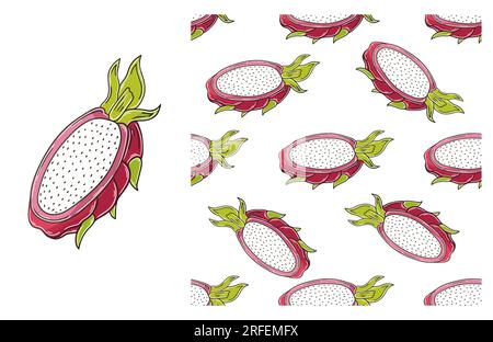 Dragon fruit, pitaya. Seamless pattern with tropical fruits. Set in hand draw style. Can be used for fabric, packaging and etc Stock Vector