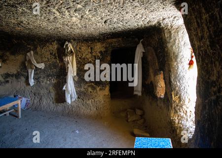 A look inside of Man Made Jhong Cave in Chhoser Village of Upper Mustang in Nepal Stock Photo