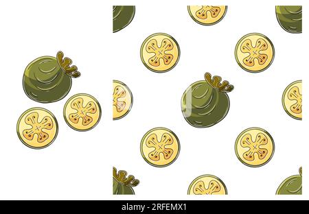 Feijoa. Seamless pattern with tropical fruits. Set in hand draw style. Can be used for fabric, packaging, wrapping paper and etc Stock Vector