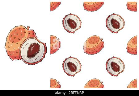 Litchi. Seamless pattern for kitchen, restaurant or shop. Set in hand draw style. Can be used for fabric, packaging, wrapping and etc Stock Vector