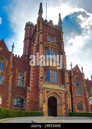 The Lanyon Tower of the iconic Lanyon Building at The Queen's University of Belfast, Northern Ireland.  The magnificent building was designed in 1849 Stock Photo