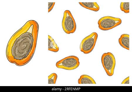 Papaya, melon tree. Seamless pattern for kitchen, restaurant or shop. Set in hand draw style. Can be used for fabric and etc Stock Vector