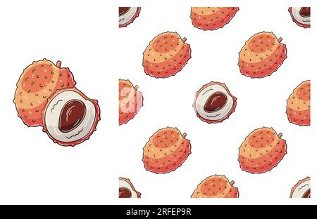 Seamless pattern for kitchen, restaurant or shop. Set in hand draw style. Litchi. Can be used for fabric, packaging, wrapping paper and etc Stock Vector