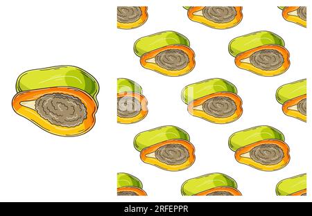 Papaya, melon tree. Seamless pattern with tropical fruits. Set in hand draw style. Can be used for fabric, packaging, wrapping paper and etc Stock Vector