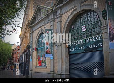 Trinity Street entrance to Cardiff Market, Marchnad Caaerdydd, Castle Quarter, 49 St. Mary Street, Cardiff, Wales, UK, CF10 1AU Stock Photo