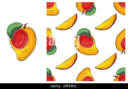 Seamless pattern for kitchen, restaurant or shop. Mango. Set in hand draw style. Can be used for fabric, packaging and etc Stock Vector