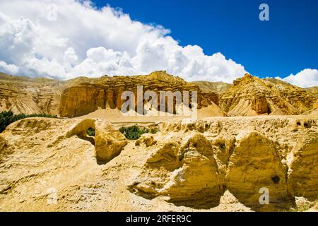 Chhoser Jhong aka Sky Cave a man made cave area in desert of Upper Mustang in Nepal Stock Photo