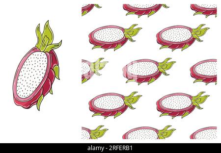 Dragon fruit, pitaya. Seamless pattern with tropical fruits. Set in hand draw style. Can be used for fabric and etc Stock Vector