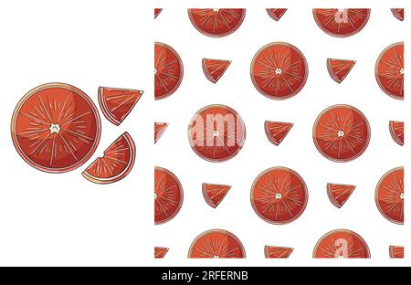 Grapefruit, red orange. Seamless pattern with tropical fruits. Set in hand draw style. Can be used for fabric, packaging and etc Stock Vector