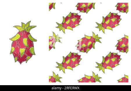 Dragon fruit, pitaya. Seamless pattern with tropical fruits. Set in hand draw style. Can be used for fabric, packaging, wrapping and etc Stock Vector