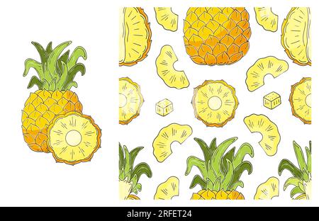 Pineapple. Seamless pattern with tropical fruits. Set in hand draw style. Can be used for fabric, packaging, wrapping paper and etc Stock Vector