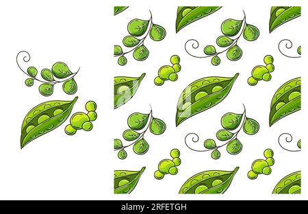Peas. Seamless pattern for kitchen, restaurant or shop. Set in hand draw style. Can be used for fabric, packaging Stock Vector