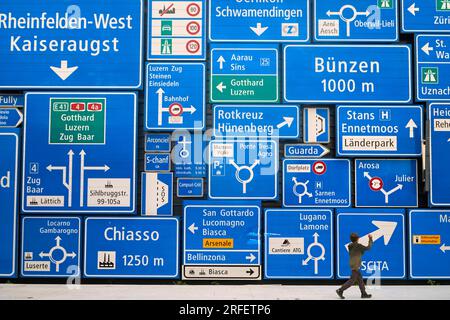 Switzerland, canton of Lucerne, Lucerne (Luzern), Swiss Museum of Transport (Verkehrshaus der Schweiz), the most visited museum in Switzerland which presents a collection of locomotives, cars, boats, planes and objects in the field of communication, road signs Stock Photo