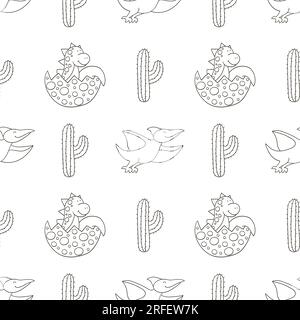 Cute funny kids dinosaurs seamless pattern. Dinosaur in an egg. Dinosaurs Coloring background. Print for cloth design Stock Vector