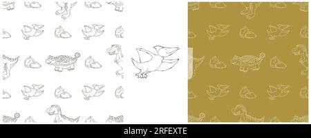 Set funny kids dinosaur pattern. Tyrannosaur. Coloring dinosaur vector background. Print for design textile Stock Vector