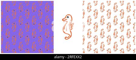 Marine seamless pattern. Sea Horses. Set drawings with wax crayons. Print for cloth design, textile, fabric, wallpaper, wrapping Stock Vector
