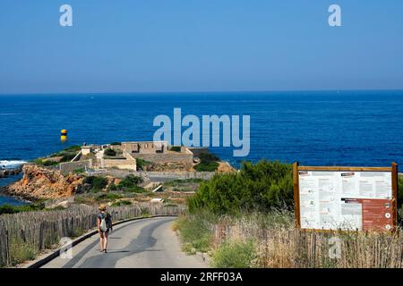 France, Var, Sanary sur Mer, Pointe de la Cride, battery dated 19th century, nature information board Stock Photo