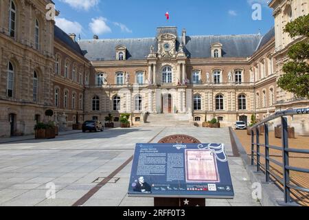 France, Somme, Amiens, city hall, panel informing us of the role of city councilor of Jules Verne from 1888 to 1904 Stock Photo