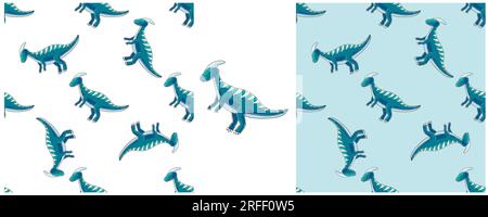 Dinosaurs Set in blue palette. Hand drawn cute dinosaurs seamless ...