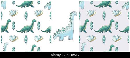 Dinosaurs Set in blue palette. Hand drawn cute dinosaurs seamless ...
