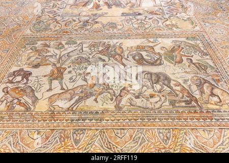 Spain, Castile and Leon, Saldana, La Olmeda roman villa, oecus mosaic representing a hunting scene Stock Photo