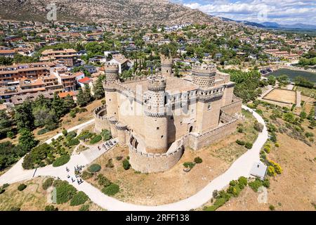 Spain, Community of Madrid, Manzanares el Real, the castle (aerial view) Stock Photo