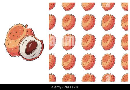 Litchi. Seamless pattern for kitchen, restaurant or shop. Set in hand draw style. Can be used for fabric and etc Stock Vector