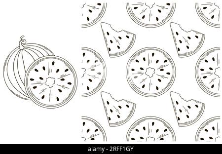 Watermelons. Coloring pattern for kitchen, restaurant or shop. Set in hand draw Stock Vector